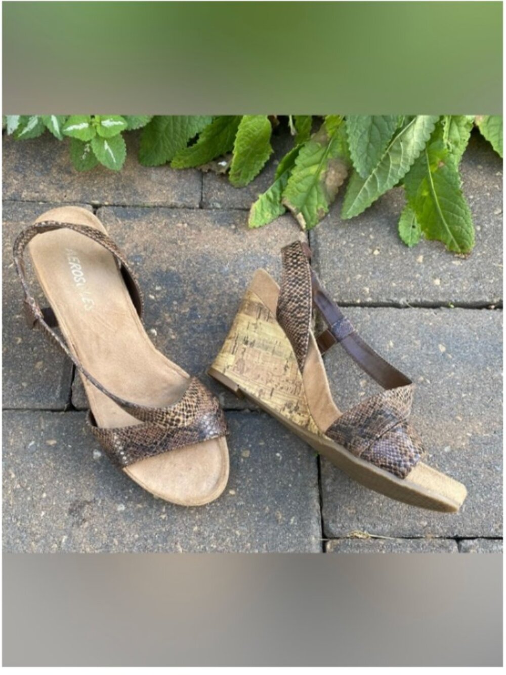 Aerosoles Plush Baby Brown Snake-Embossed Cork Wedge Sandals - Size 7M Fall Sale